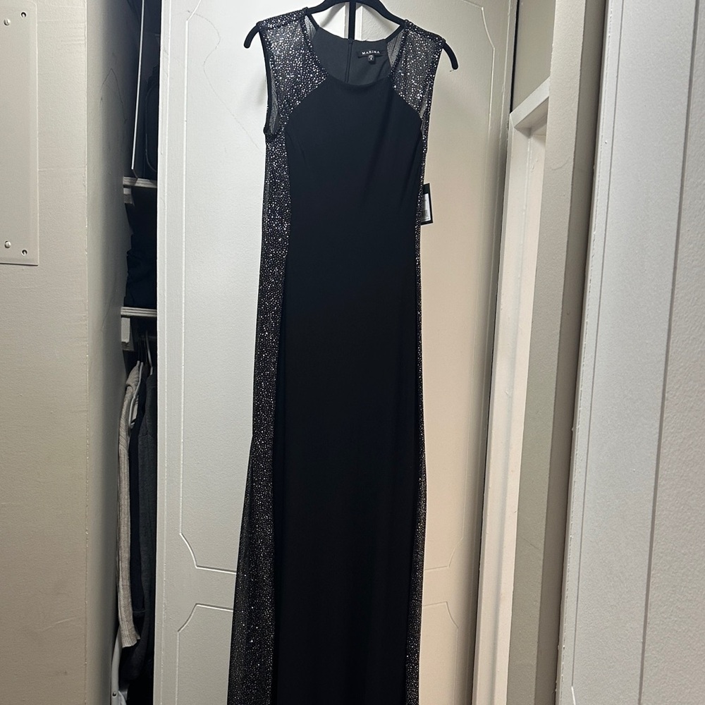 NWT MARINA Black evening Dress with Silver Accents